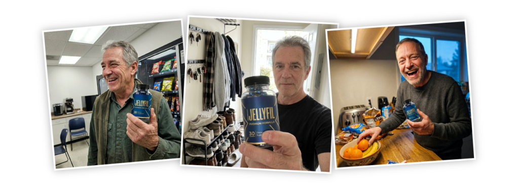 Brand-supplied gallery collage showing three people holding JellyFil bottles