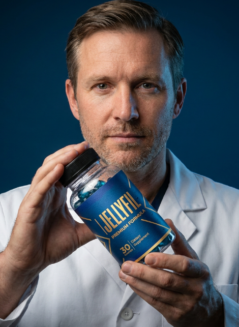 Brand-supplied promotional image showing a person holding the JellyFil bottle